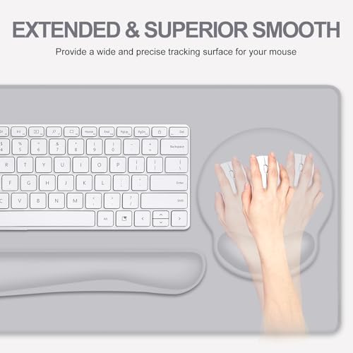 4 PCS Mouse Pad Desk Mat Protector, Keyboard Wrist Rest + Comfortable Mouse Pad with Wrist Rest +Coaster, Large Gaming Mousepad for Computer Laptop, 35.4"X 15.7" Deskpad for Office Home I Light Gray