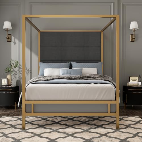 Queen Size Canopy Bed with Upholstered Headboard and Storage,Gold+Dark Grey
