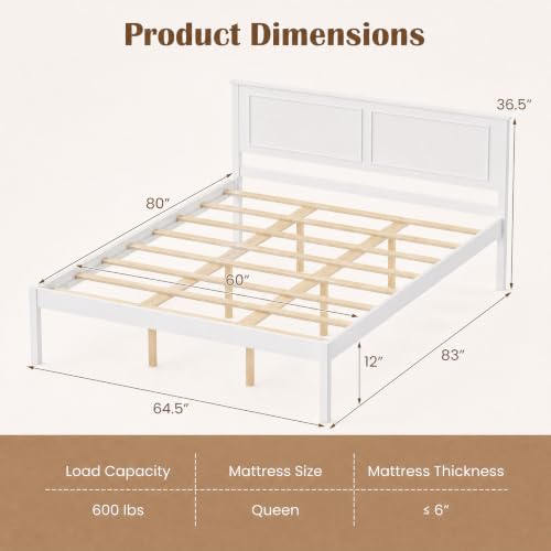 Queen Size Bed Frame, Farmhouse Wooden Platform Bed with Headboard