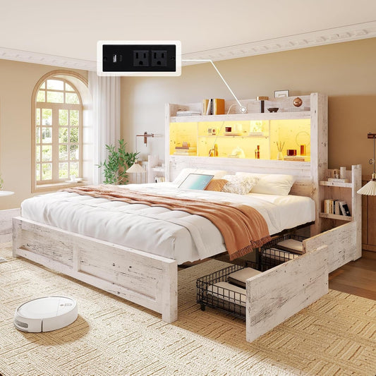 King Bed Frame with 49.6" Bookcase Headboard & 2 Bedside Stoage Racks & 4 Drawers, Farmhouse Wood Bed Frame with RGB LED & Charging Station, No Box Spring Needed, Distressed White