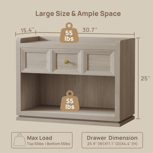 31" Wide Nightstands Set of 2, Large Night Stands with Drawer, Oversized King Size Nightstand Bedside Table for Bedroom, Farmhouse End Side Table Set of 2 with round Corners,Grey White Oak