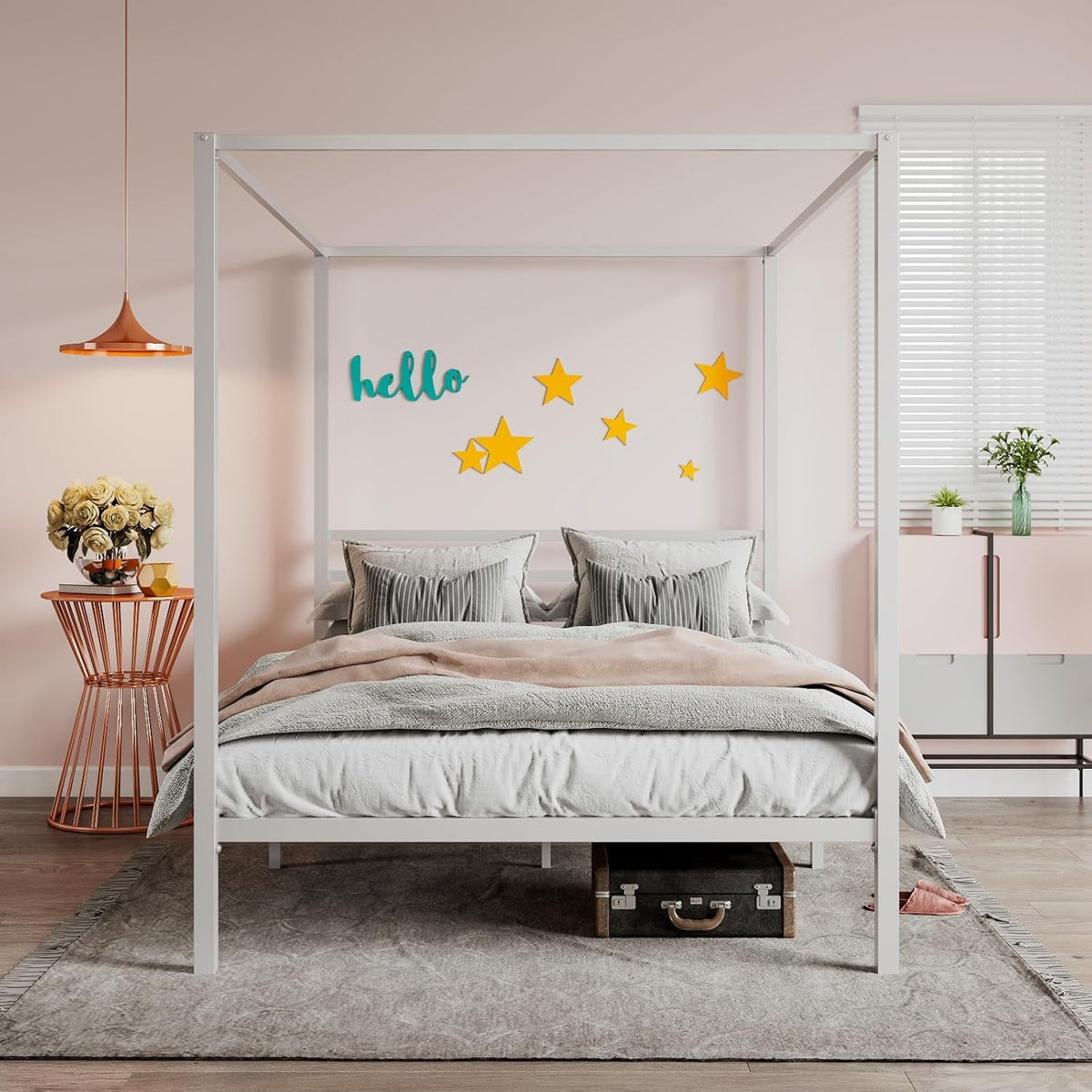 Canopy Bed Frame Full Size/Mattress Foundation with Metal Slats Support/No Box Spring Needed/Easy Assembly/White
