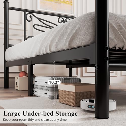 E-Ser Full Size Bed Frame, Metal Platform Bed with Dragonfly Pattern, Black