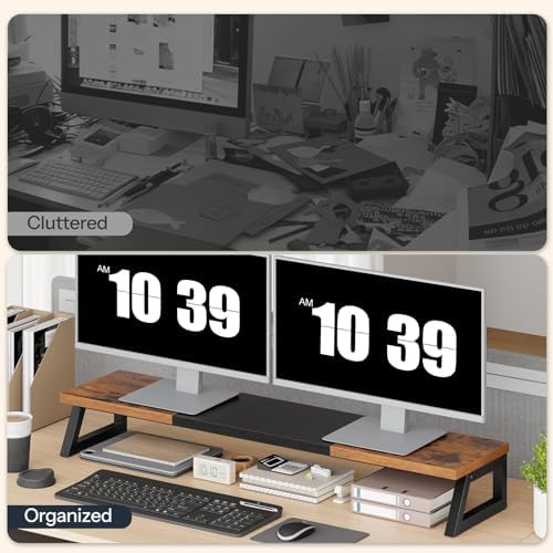 HOOBRO Dual Monitor Stand Riser, 39 Inch Large Computer Monitor Stand for 2 Monitors, Computer Monitor Riser, Desk Shelf Organizer for Office Desk, Accessories, Rustic Brown and Black BF121CJ01