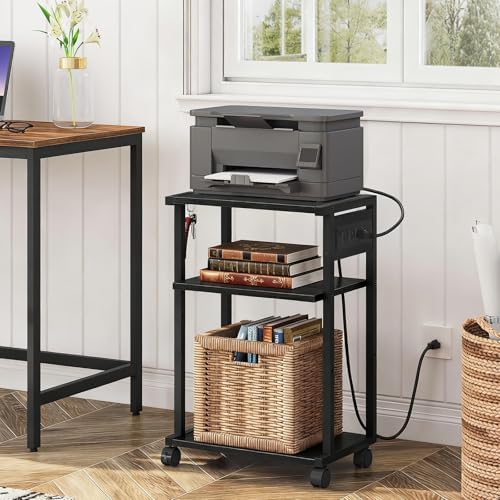 HOOBRO Industrial Printer Stand with Charging Station, 3-Tier Printer Table, Rolling Printer Cart with Adjustable Shelf and Hook, Black BB28UPS01