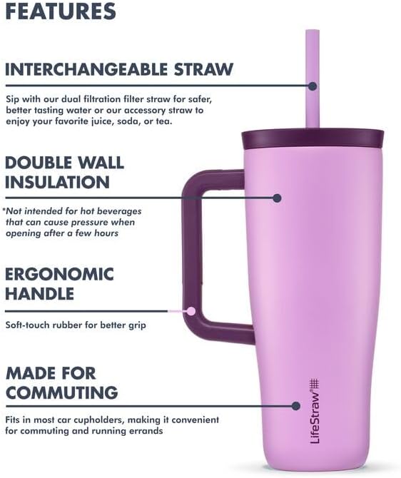 LifeStraw Go Series — Double Wall Insulated 24oz Stainless Steel Water Filter Tumbler, designed for everyday Use, removes bacteria, Parasites, Microplastics, and improves taste, Acai