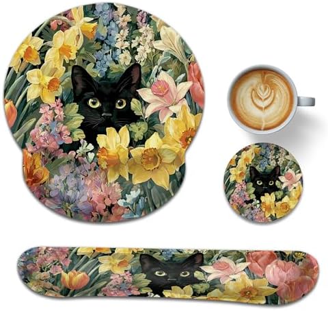 Cute Black Cat Ergonomic Keyboard and Mouse Wrist Rest Set, Flowers Mouse Pad with Non Slip Base, Soft Cloth Surface for Office and Home Typing Support