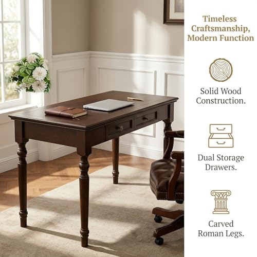 French Country Style Writing Desk, 47'' Walnut Solid Wood Computer Table