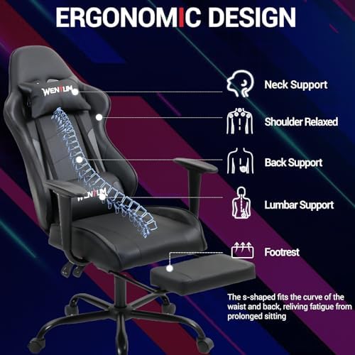 Gaming Chair with Footrest, Video Game Chair with Massage, PU Leather Computer Chair, Lumbar Support for Men Women, Home Office, Height Adjustable, Ergonomic High Back, Black