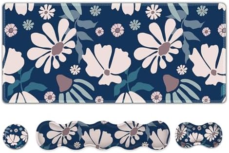 ARTSO Keyboard Mouse Pad Set, Blue Flower Large Gaming Mousepad +Keyboard Wrist Rest +Mouse Wrist Rest +Coaster, Ergonomic Mousepad Memory Foam Cushion for Home Office