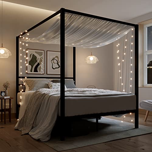Full Size Metal Canopy Bed Frame, Heavy-Duty Support, Black
