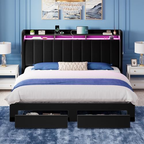 King Size Bed Frame with 2-Tier Storage Headboard & 2 Large Drawers