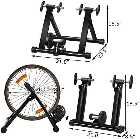 Bike Trainer Stand, Stationary Bike Stand for Indoor Riding, Steel Bicycle Exercise Magnetic Stand for 26-28” Wheels with Front Wheel Riser, Quick Release Folding Exercise Bike Stand Trainers