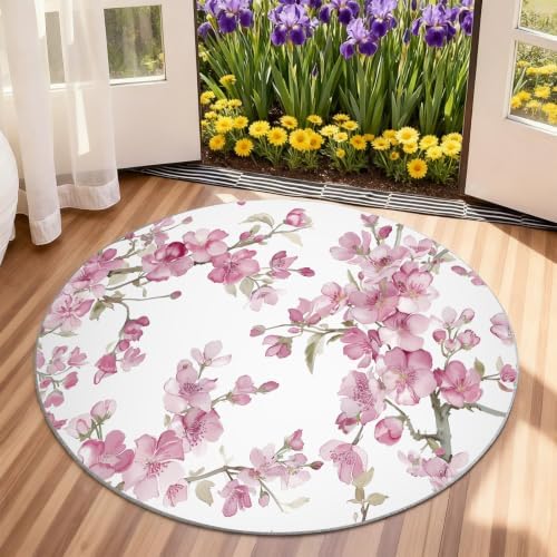 Floral Round Rug - 3ft Washable Abstract Floral Round Area Rug for Bathroom, Modern Minimalist Circle Rugs Soft Non-Slip Carpet for Kitchen Bedroom Kids Room Decor Mat