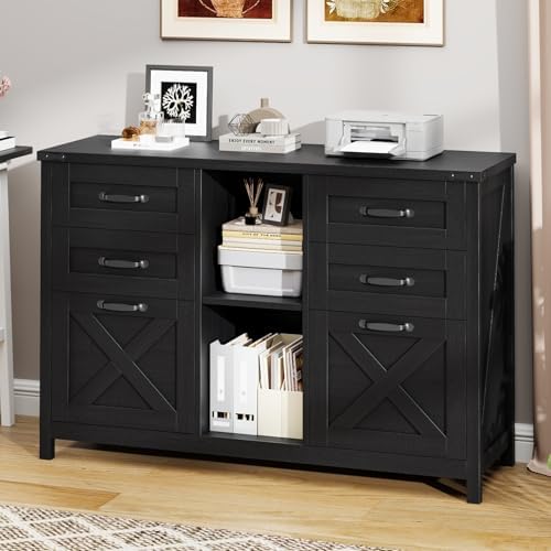 Halitaa Farmhouse Lateral File Cabinet with 6 Drawers, Rustic Black
