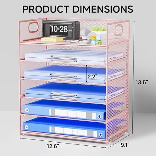Pink Paper Organizer for Desk with Handle, 6-Tier