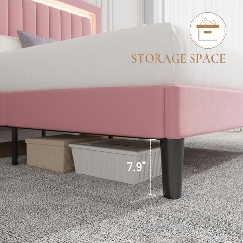 Queen Size Velvet Bed Frame with LED Light, Pink