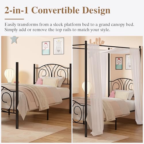 Twin Canopy Bed Frame, Vintage Scrollwork Headboard, Matte Black