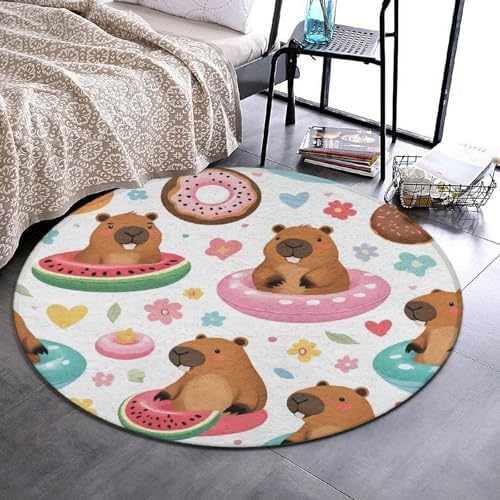 Fashion Round Area Rug Large Non Slip Carpet, Cute Capybaras Unisex Home Decor Mat