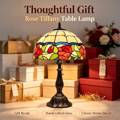 Tiffany Stained Glass Lamp Border Red Rose Table Lamp