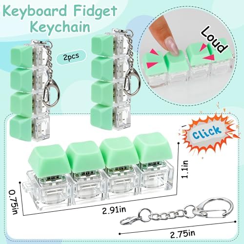 2 Pcs Keyboard Fidget Toy, Keyboard Fidget Keychain 4-in-1 Keyboard Decompression Button Finger Clicker Toys, Button Stress Relief Fidget Gifts for Adult to Relief Stress (Light Green)