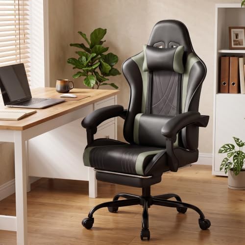 LUCKRACER Gaming Chair with Footrest, Pocket Spring Seat, 90°-135° Reclining Computer Chair with Linkage Armrests, Lumbar Support, Height Adjustment, SGS-Tested Gas Lift, 330 lbs Capacity, Grey