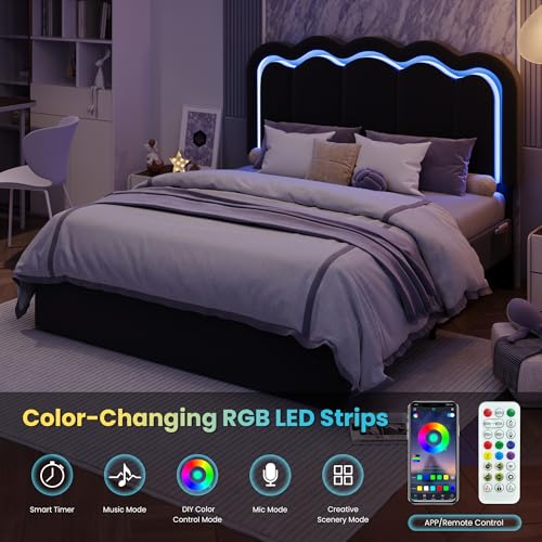 Full Size Bed Frame with LED Lights and Storage Drawer, Black