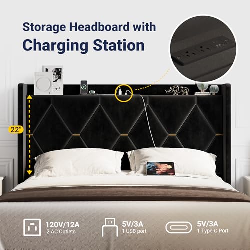 Queen Size Bed Frame with Storage Shelf & Charging Station, Black