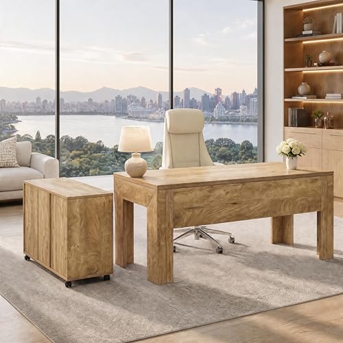 Tribesigns L Shaped Executive Desk with Drawers,Light Brown