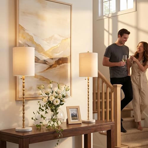 Buffet Lamps Set of 2, 28.5”H Modern Luxury Lamps with Marble Base, Brass Finish and Linen Shade, UL Certified – Elegant Lighting for a Warm Atmosphere in Entryway, Living or Dining Room