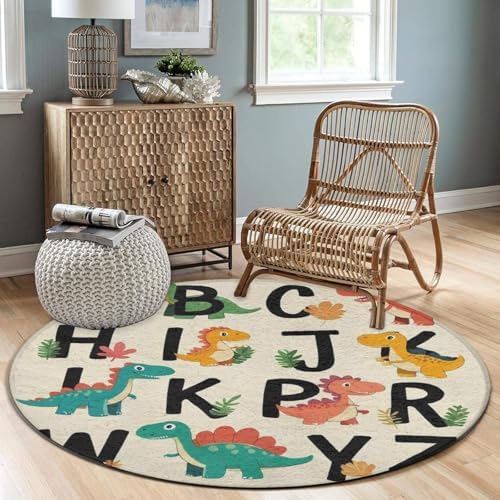 Soft Round Yoga Carpet, Large Home Decor Mat, Non Slip Machine Washable Kitchen Office Circle Rug Dinosaur