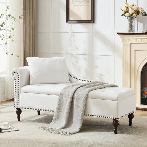 Velvet Chaise Lounge with Storage & Left Armrest, White