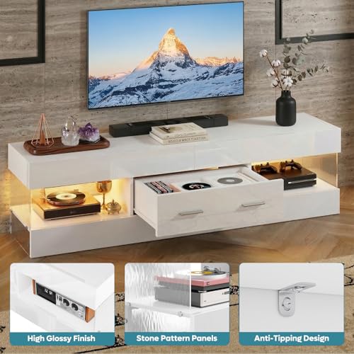 60 Inch White Modern TV Stand, LED Entertainment Center Console
