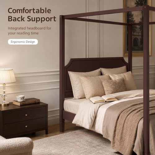 Walnut Wooden Canopy Bed Frame Queen with Tall Headboard