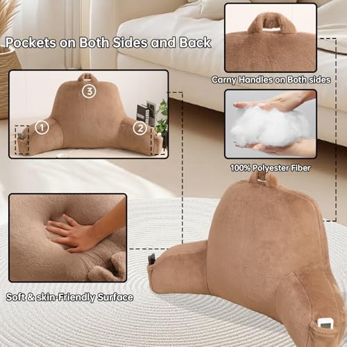 Large Plush Backrest Pillow for Sitting in Bed,Faux Fur,Khaki