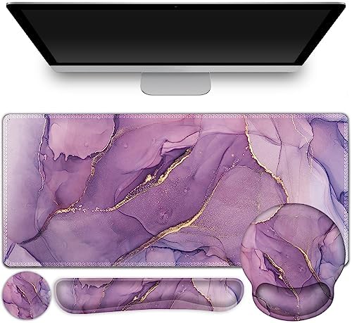 ToLuLu Desk Mat, XXL Large Mouse Pad Wrist Support Set，4 in1 Gaming Mousepad Desk Pad+ Ergonomic Mouse Pad with Wrist Rest + Keyboard Wrist Rest+Coaster for Women Home Office Computer, Purple Marble