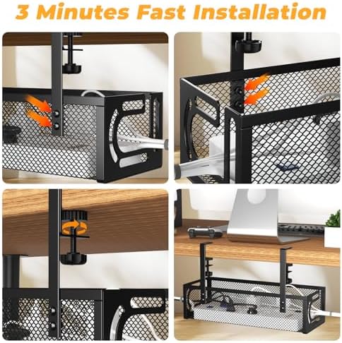 Under Desk Cable Management Tray, 15.7'' No Drill Steel Desk Cable Organizers, Wire Management Tray Cable Management Rack (2 Packs-Black)