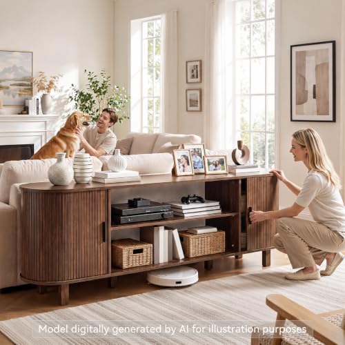 70" Mid Century TV Stand with Fluted Sliding Doors, Walnut