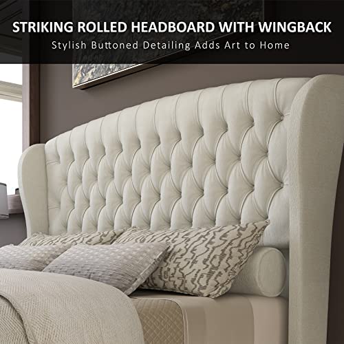 Queen Size Upholstered Sleigh Bed Frame with Wingback Headboard