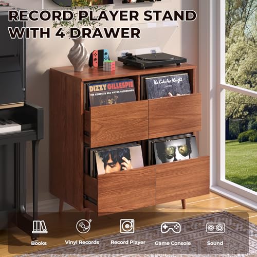 Record Player Stand with Vinyl Storage, Mid-Century, Brown