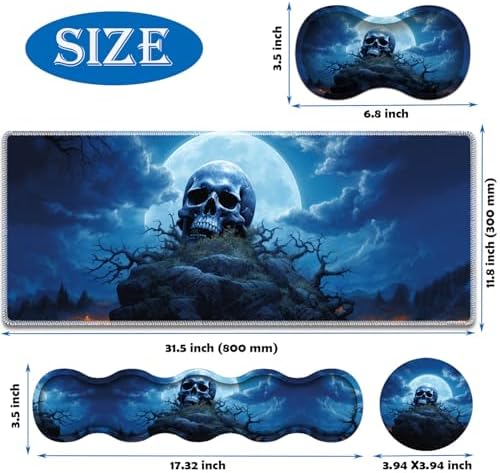 4 in 1 Mouse Pad Combo, Large Gaming Mouse Pad + Keyboard Wrist Support + Mouse Wrist Rest + Coaster, Table Pad 31.5 "x 11.8" with Memory Foam Ergonomic Wrist Pad Set, Blue Skull Moon