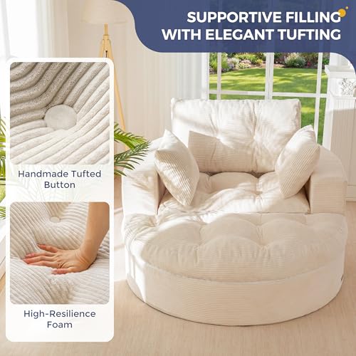 Oversized Round Chaise Lounge Sofa, Boneless Chair with Ottoman