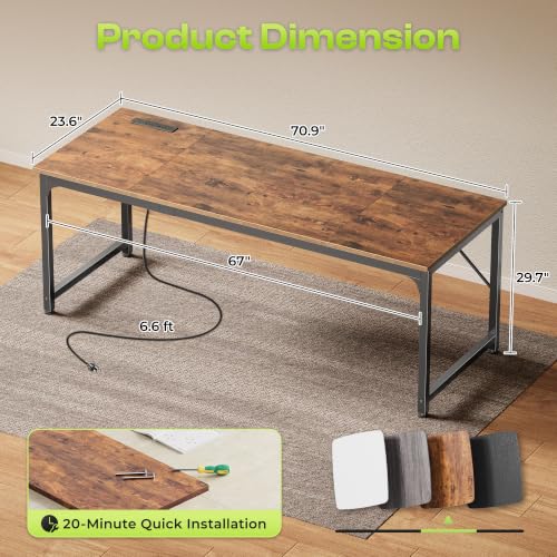70x24 Inch Computer Desk with Power Outlets & USB-C, Rustic Brown