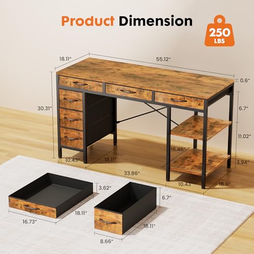 55 Inch Computer Desk with 6 Fabric Drawers, for Home Office Work
