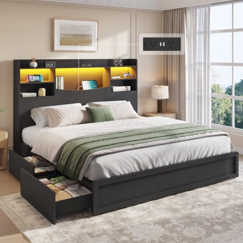 King Size Bed Frame with 4 Storage Drawers & 51" Bookcase Headboard