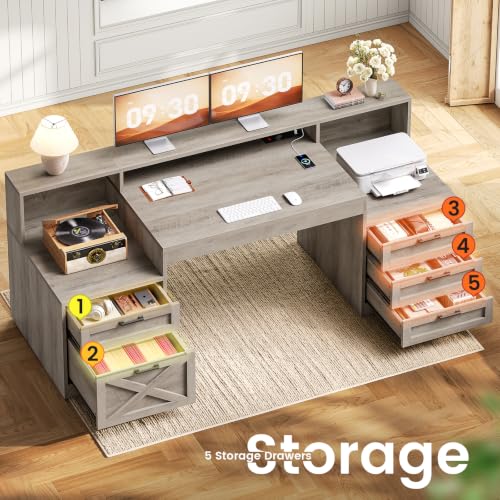 63" Executive Office Desk with 5 Drawers, Grey