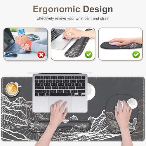 Large Mouse Pad, Keyboard Wrist Rest Set, Ergonomic Mouse Pad with Wrist Support, Desk Mat with Stitched Edges + Coaster, Extended Desk Pad Waterproof Desk Mat for Home Office Game I Moon and Valley