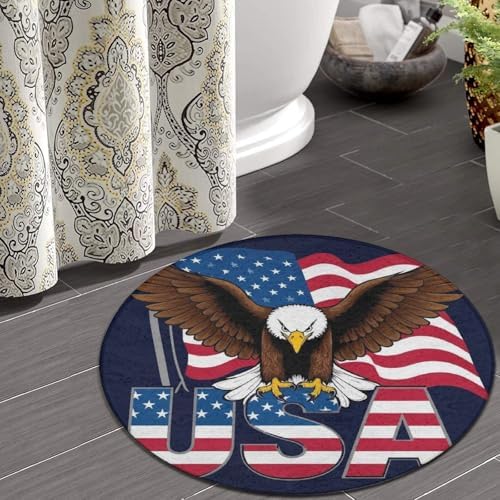 Soft Round Yoga Carpet, Large Home Decor Mat, Non Slip Machine Washable Kitchen Office Circle Rug Patriotic American Eagle Flag
