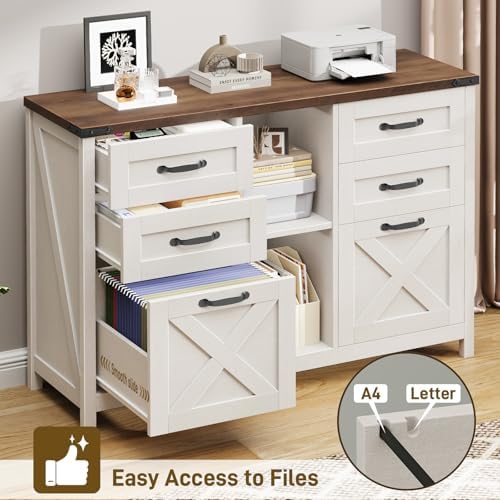 Halitaa Farmhouse Lateral File Cabinet with 6 Drawers, White and Brown
