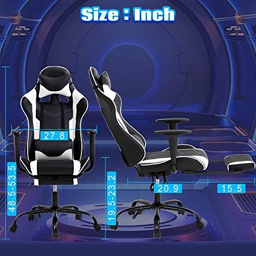 PC Gaming Chair High Back Executive Office Chair Pu Leather Computer Chair Racing Lumbar Support Slide-Out Footrest Adjustable Swivel Video Game Chair,White…